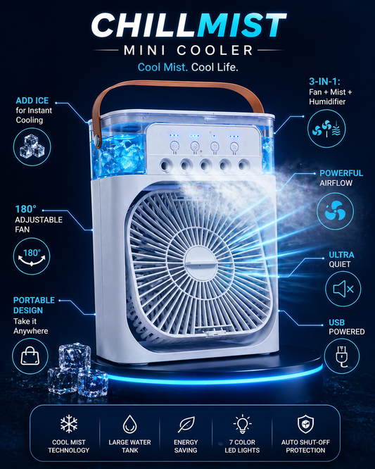 ChillMist Mini Cooler – 3-in-1 Portable Arctic Mist Fan with 7-Color LED Lights