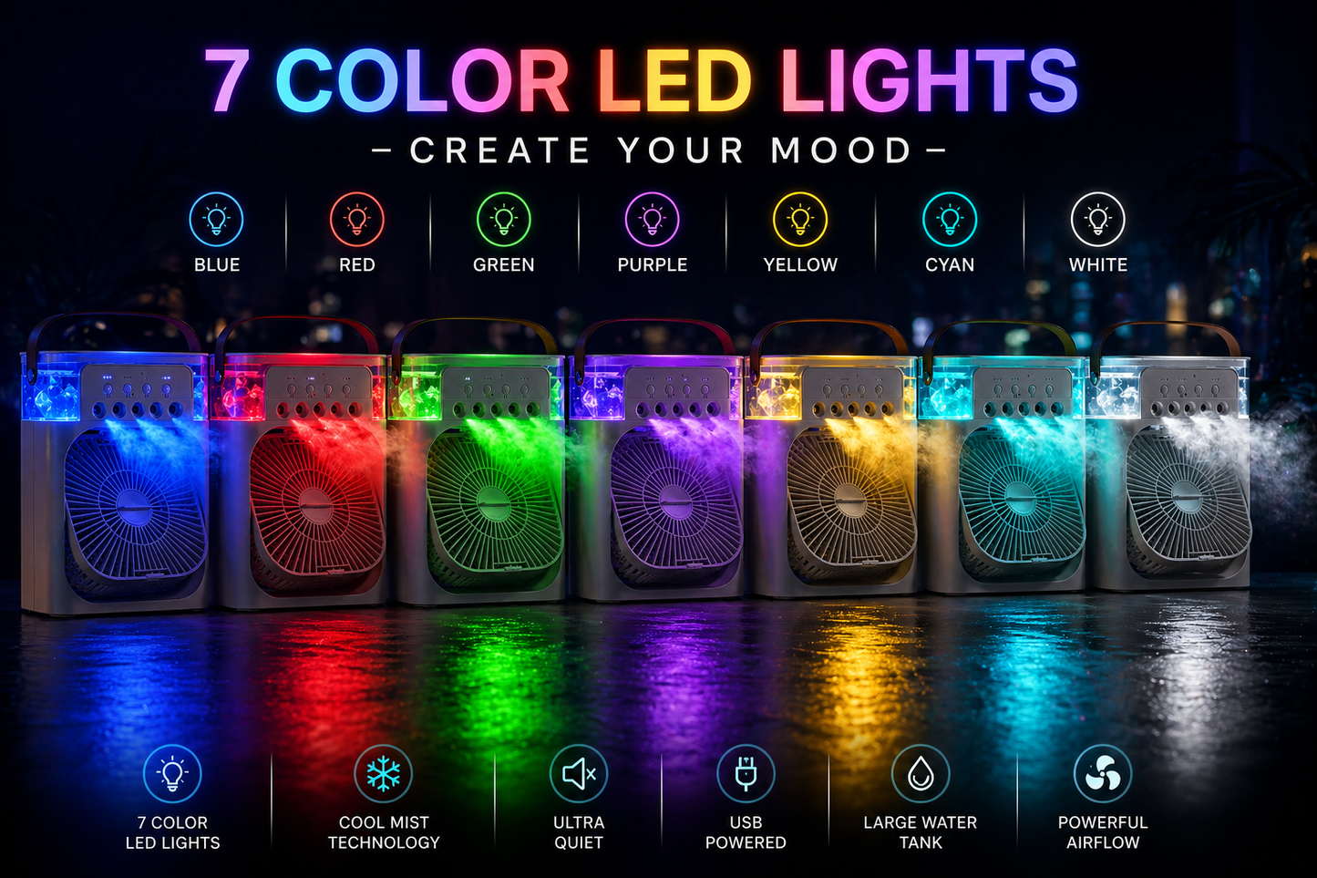 ChillMist Mini Cooler – 3-in-1 Portable Arctic Mist Fan with 7-Color LED Lights