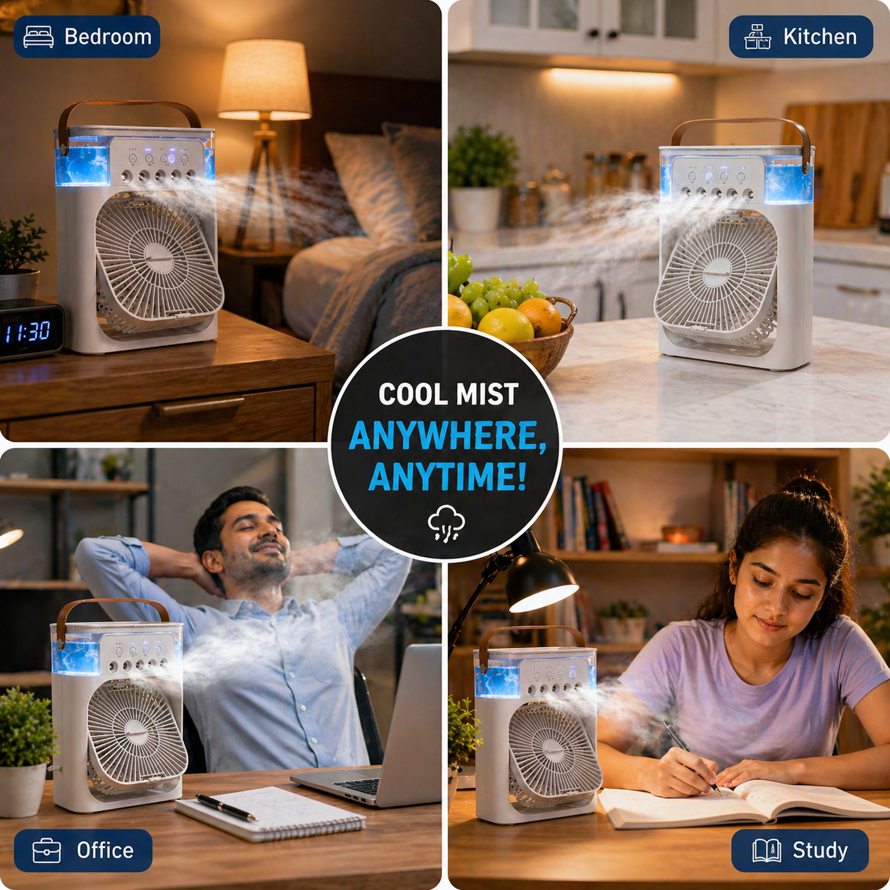 ChillMist Mini Cooler – 3-in-1 Portable Arctic Mist Fan with 7-Color LED Lights